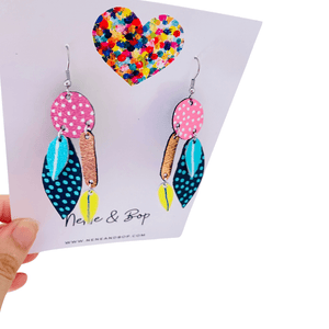 Bud and Leaves - Pink Spot Drops - Leather Earrings