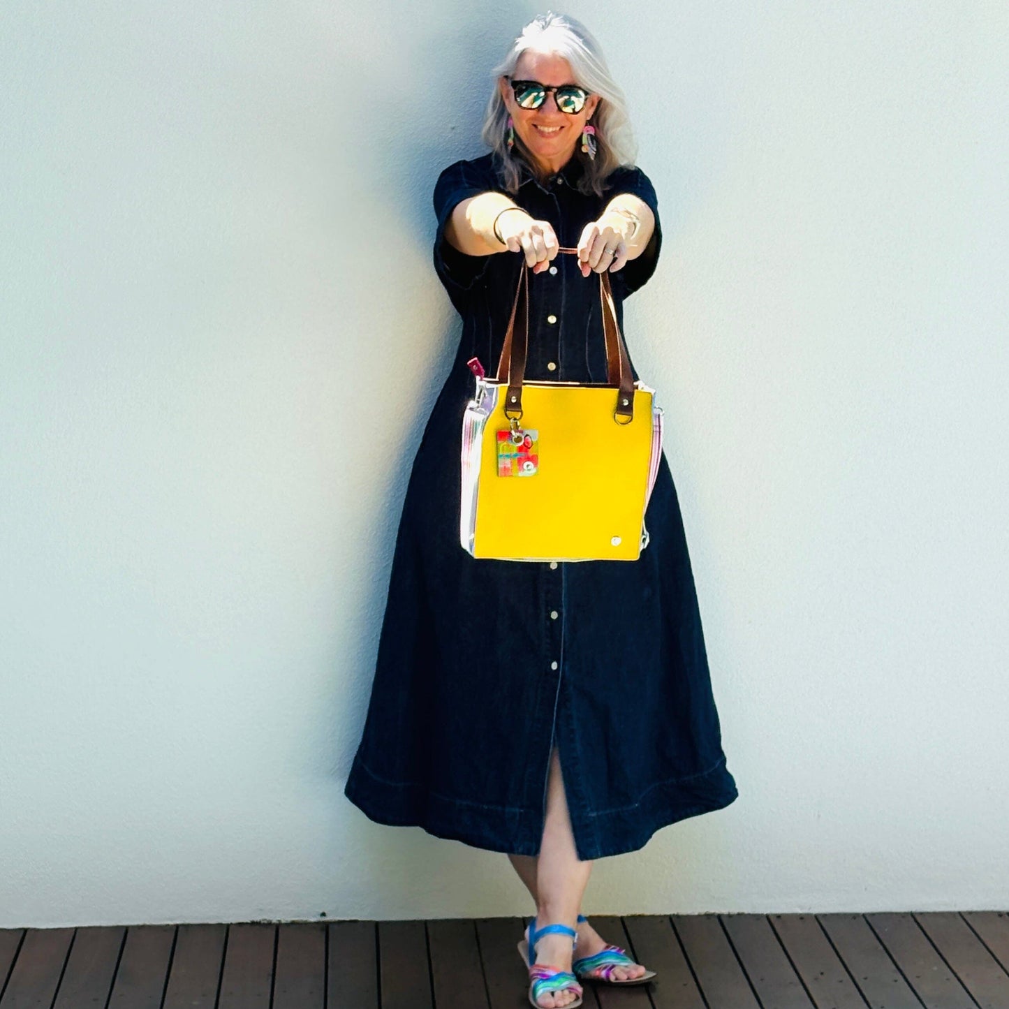 The Everyday Zipper Leather Tote - Yellow/Lilac