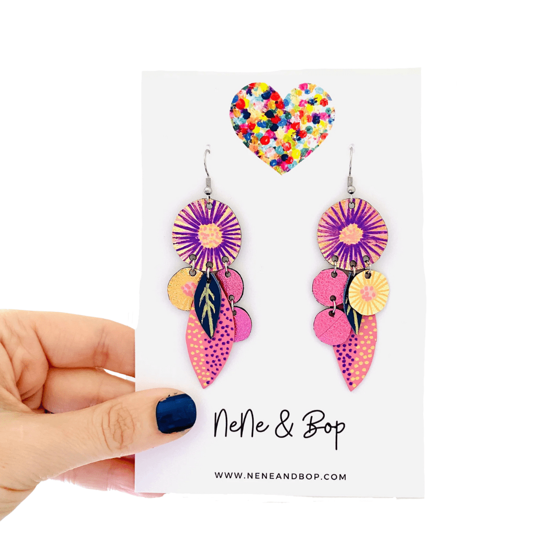 Bud Two Drops - Pink/Gold - Leather Earrings