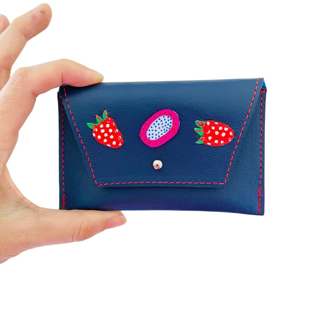 Leather Pocket Purse - Navy Strawberry Dragon Fruit