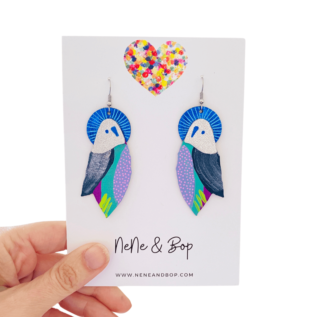 Flock Silver Navy - Various Designs - Hand Painted Leather Earrings