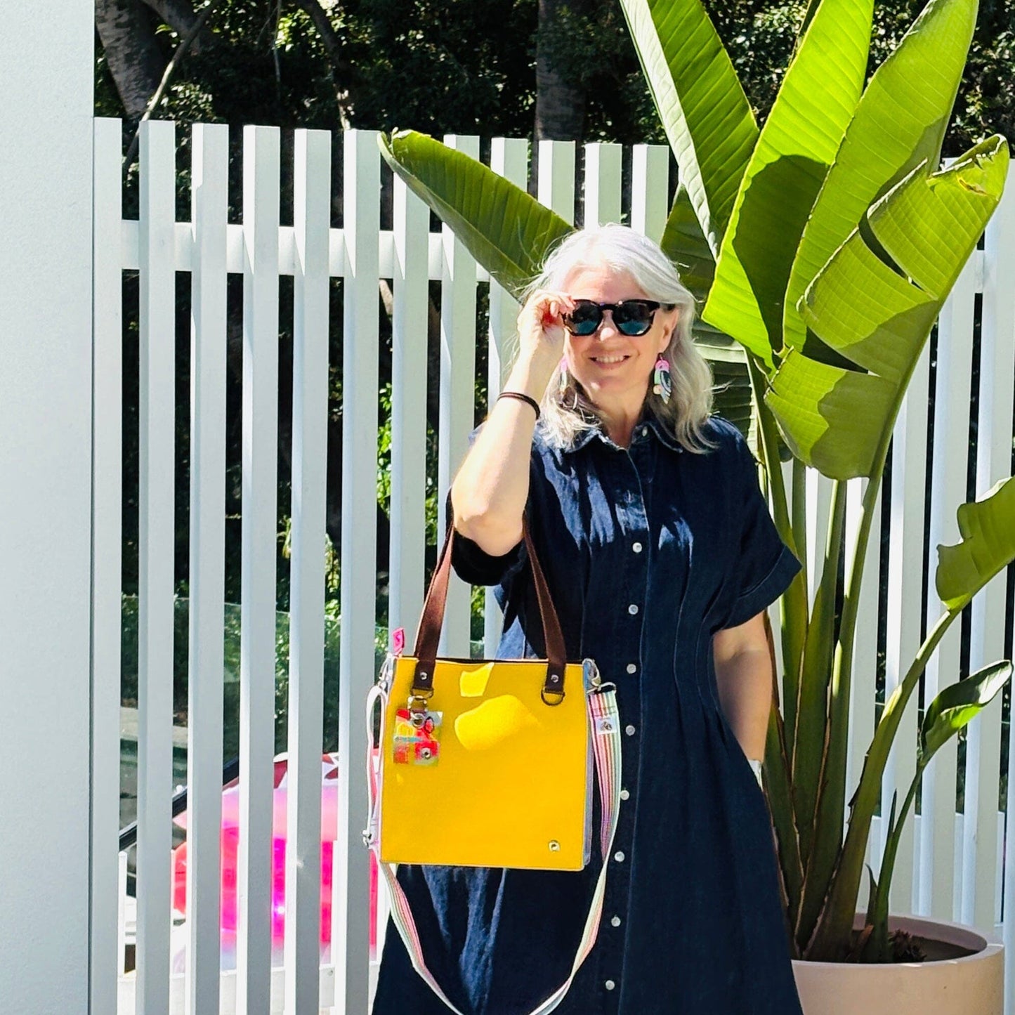 The Everyday Zipper Leather Tote - Yellow/Lilac