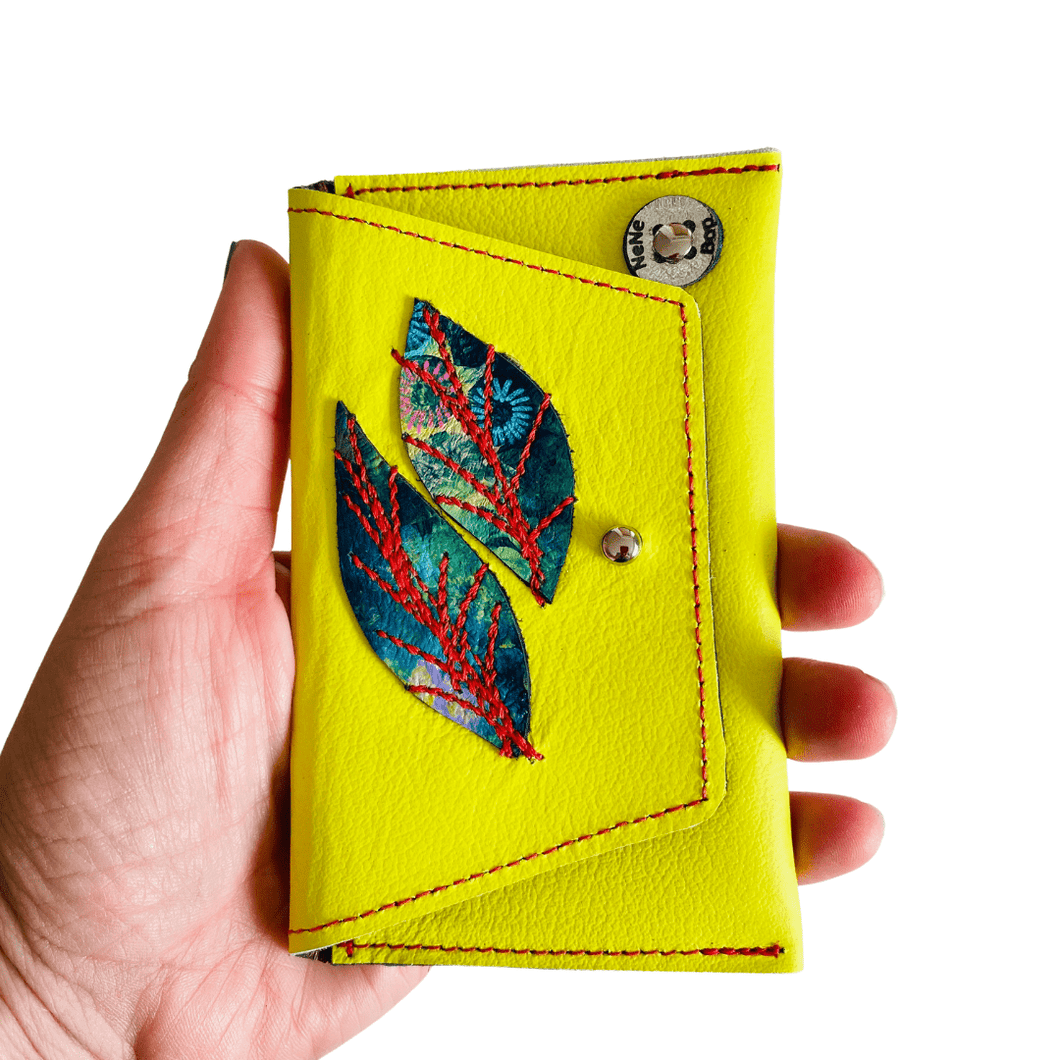 Leather Pocket Purse - Yellow with Hand Painted Leaves 2