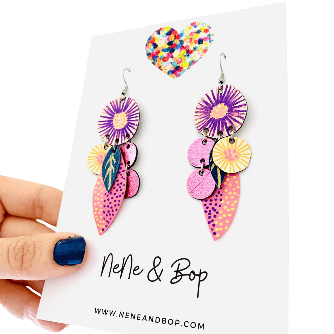 Bud Two Drops - Pink/Gold - Leather Earrings