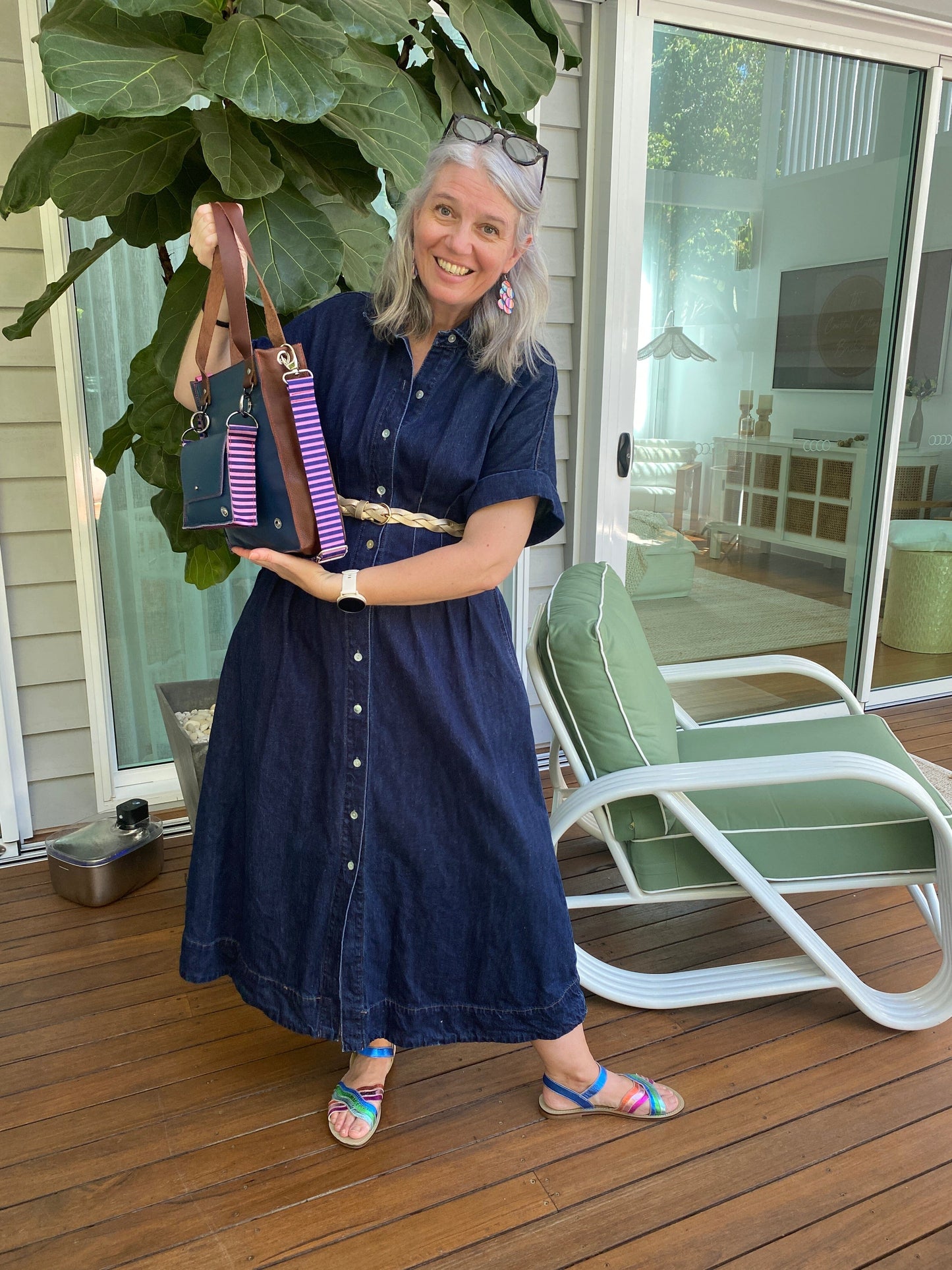 ALLY Mini - 4 in 1 Leather Bag - Navy/Purple Stripe