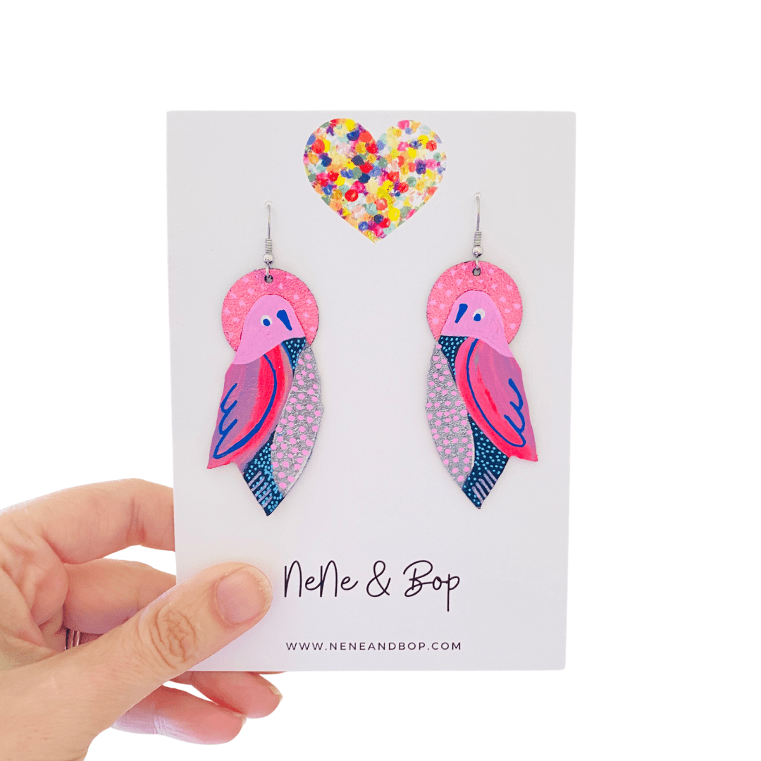 Flock Pink Coral  Navy - Various Designs - Hand Painted Leather Earrings