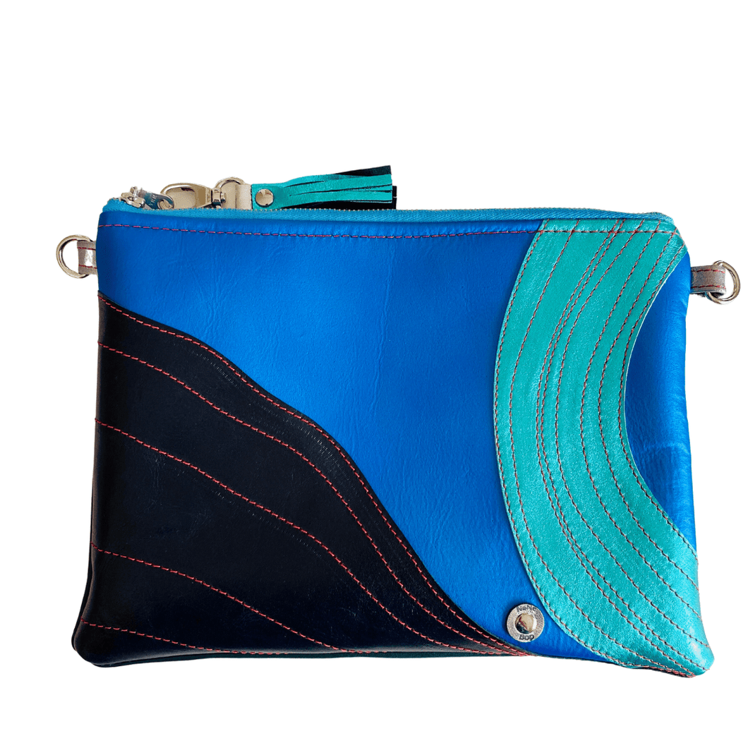 Navy, Metallic Blue Aqua Swirl - Leather Purse Plus+