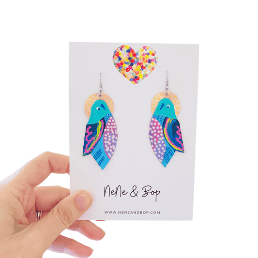 Flock Aqua Lilac - Hand Painted Leather Earrings - Various sizes