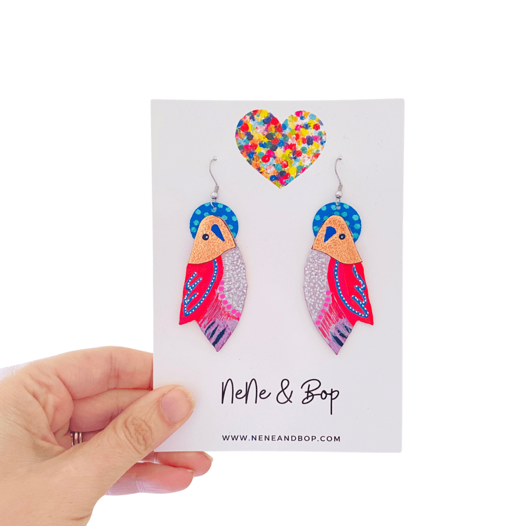 Flock Blue Rose Gold - Hand Painted Leather Earrings