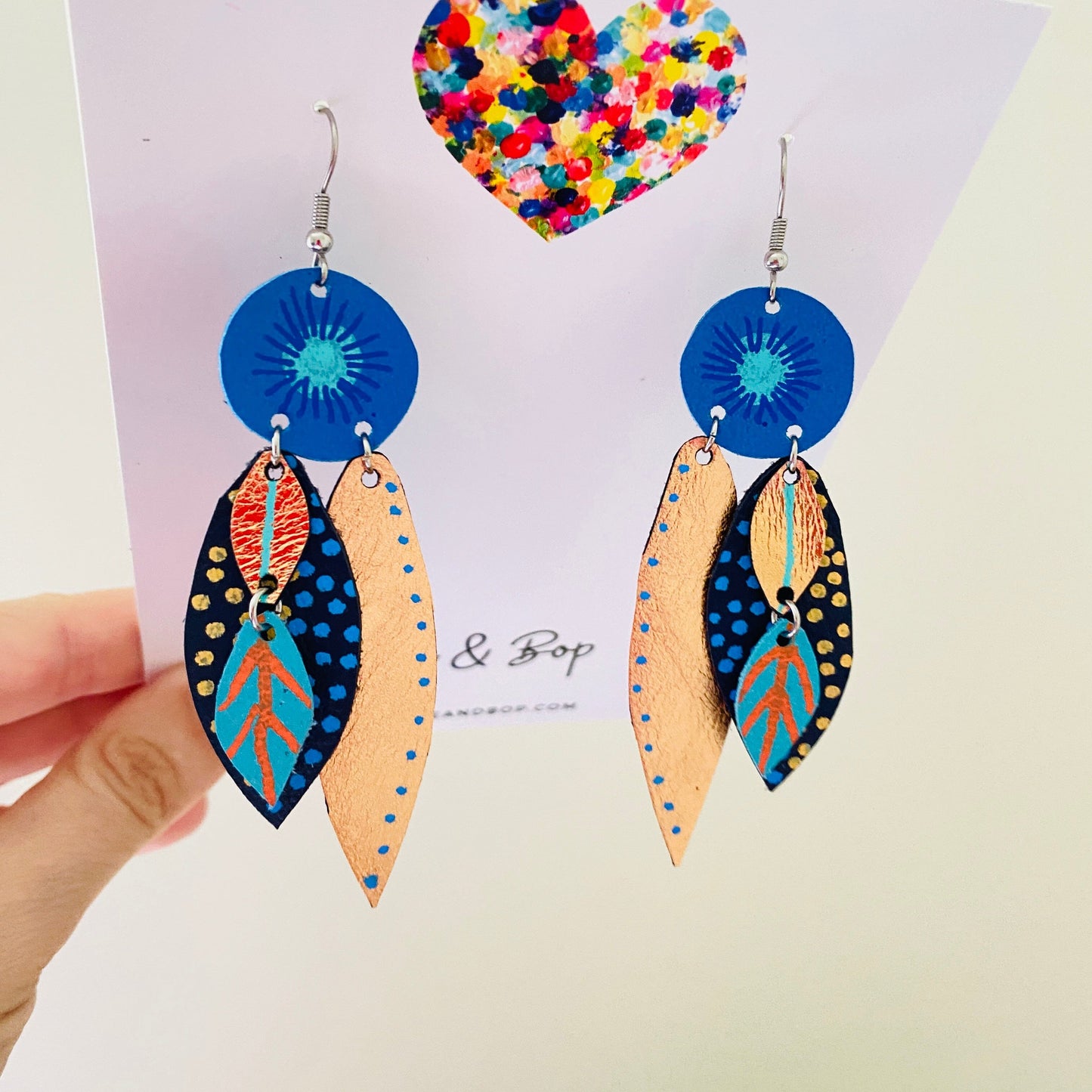 Bud and Leaves - Blue/Rose Gold - Leather Earrings