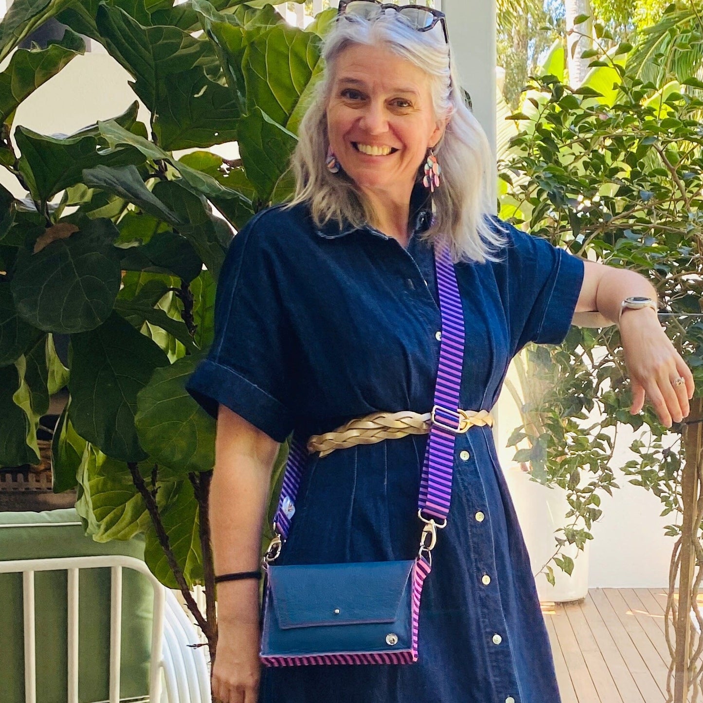 ALLY Mini - 4 in 1 Leather Bag - Navy/Purple Stripe