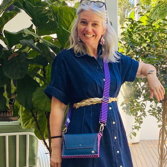 ALLY Mini - 4 in 1 Leather Bag - Navy/Purple Stripe