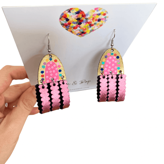 Dimensional Rainbows - Pink - Midi - Leather Earrings