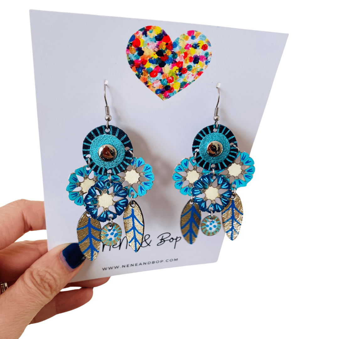 Dream Catcher Dahlias - Blue - Leather Earrings