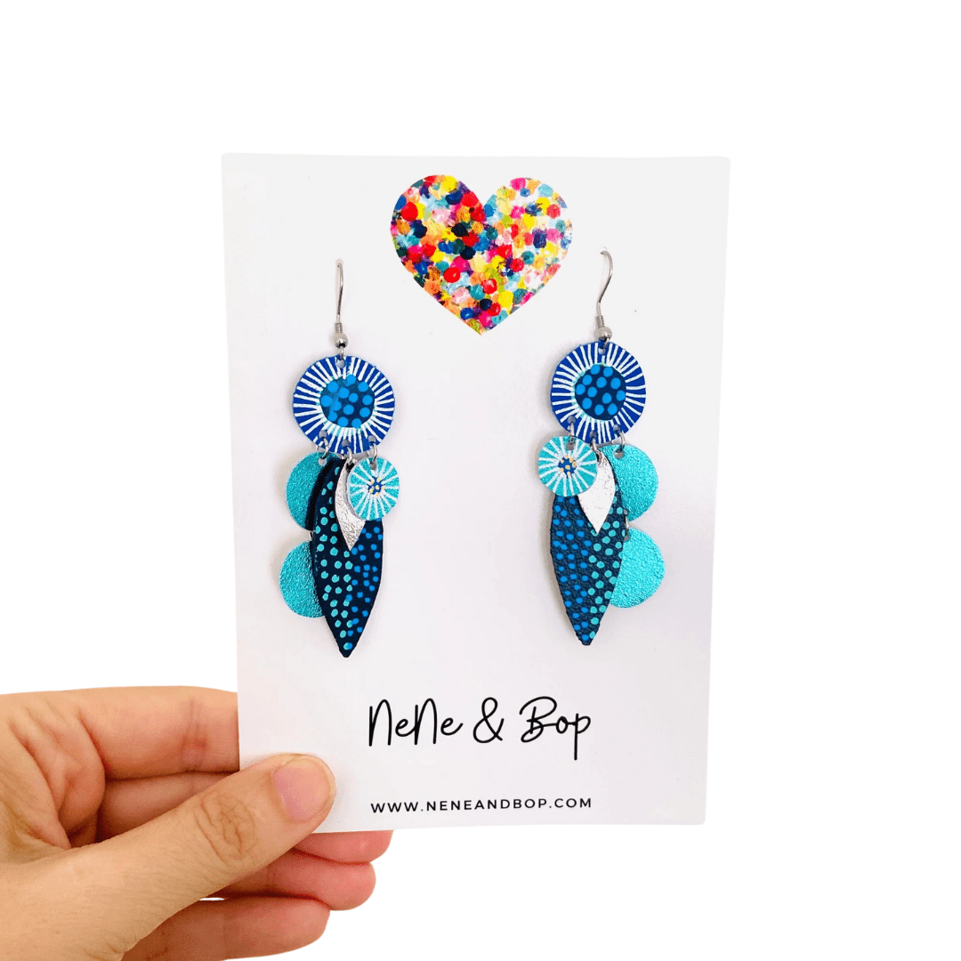 Bud Two Drops - Blue/Silver/Aqua- Leather Earrings