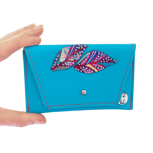 Leather Pocket Purse - Turquoise with Hand Painted Leaves