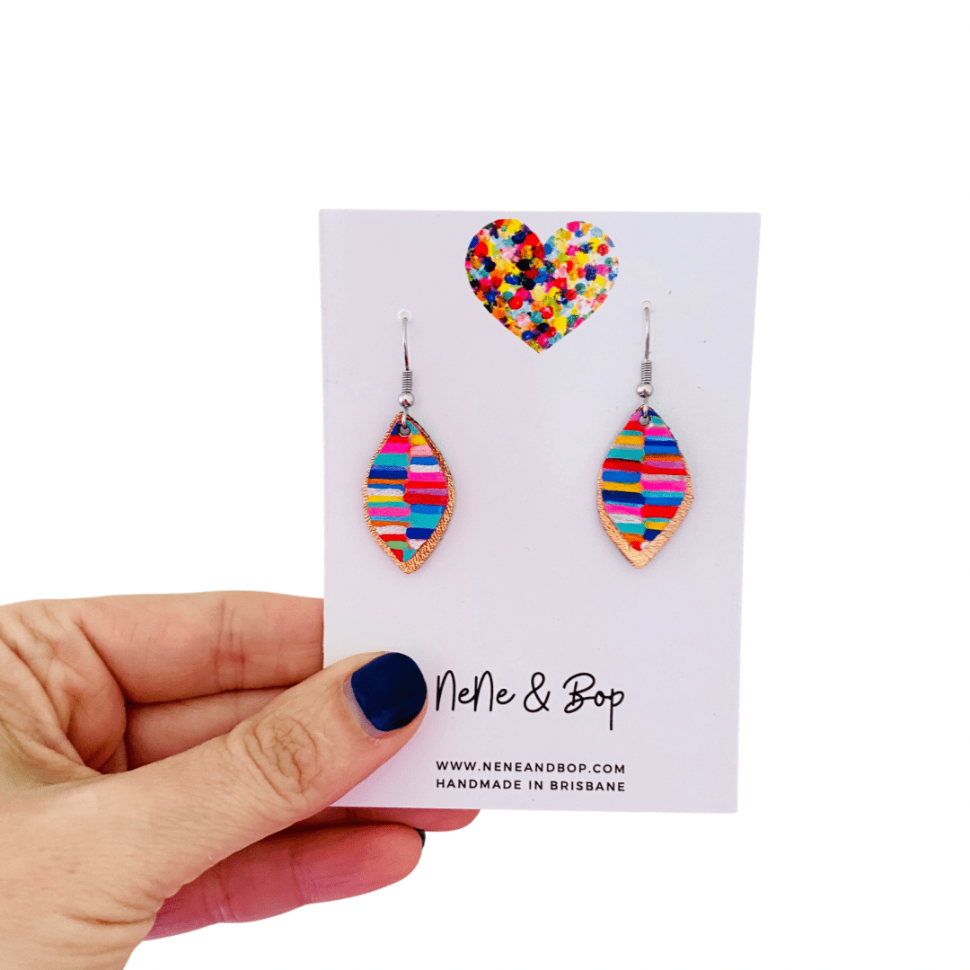 Leaf Rainbow Stripes Hand Painted Earrings - Various sizes