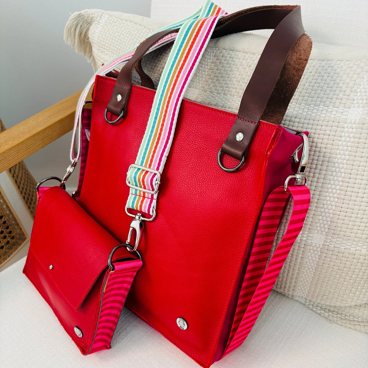 ALLY Mini - 4 in 1 Leather Bag - Red/Pink Stripe