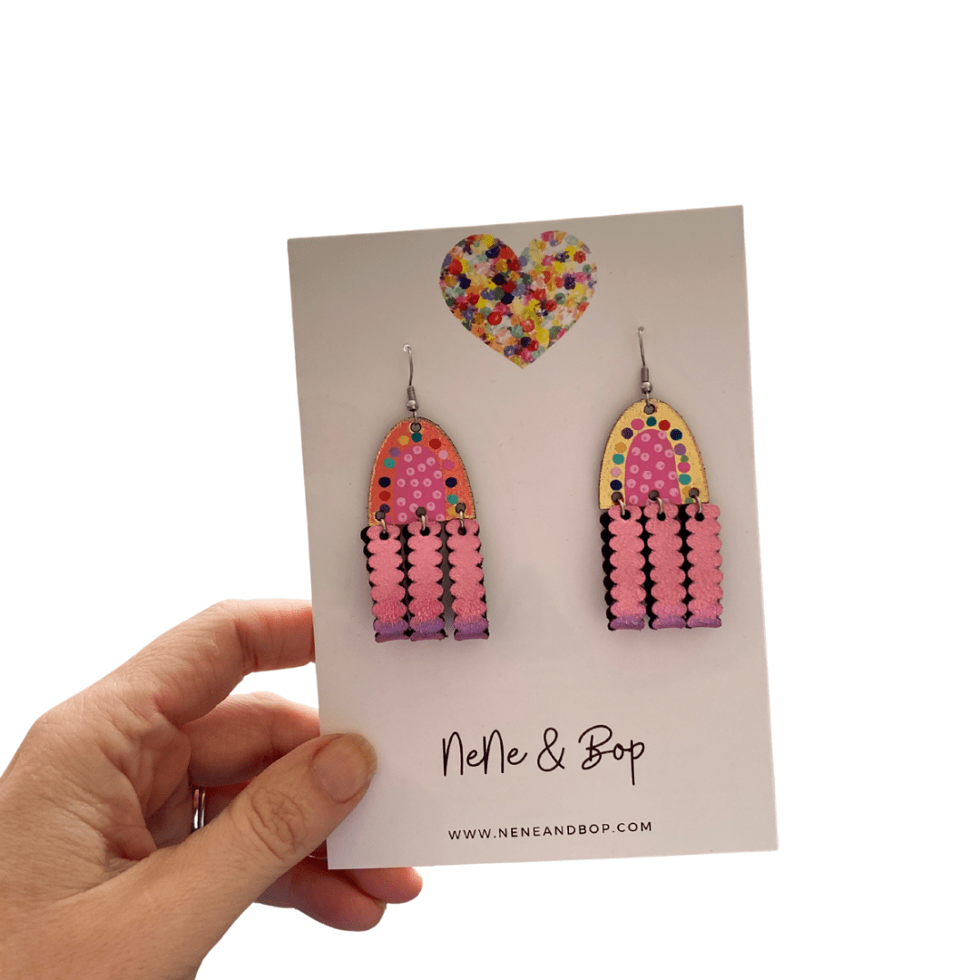 Dimensional Rainbows - Pink - Midi - Leather Earrings
