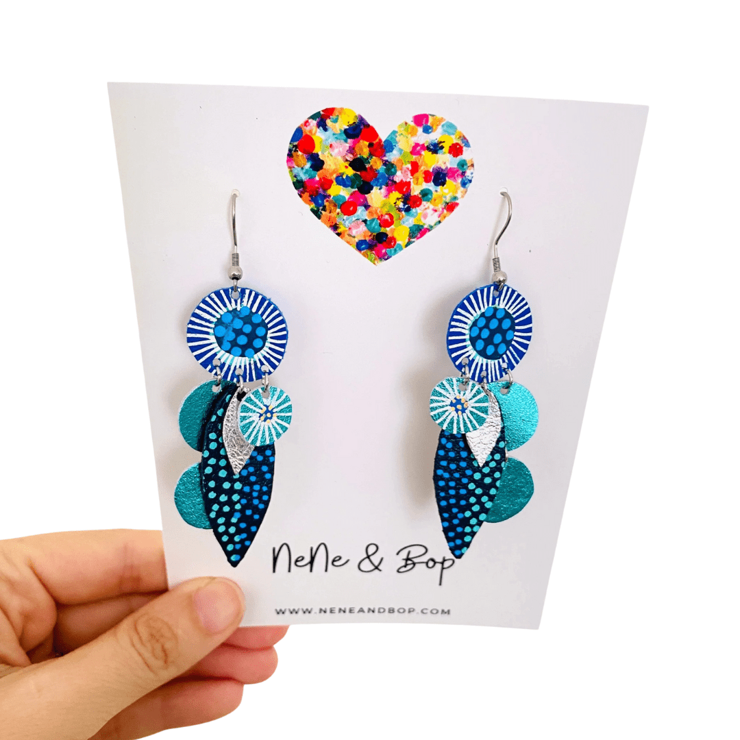 Bud Two Drops - Blue/Silver/Aqua- Leather Earrings