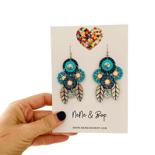 Dream Catcher Dahlias - Blue - Leather Earrings