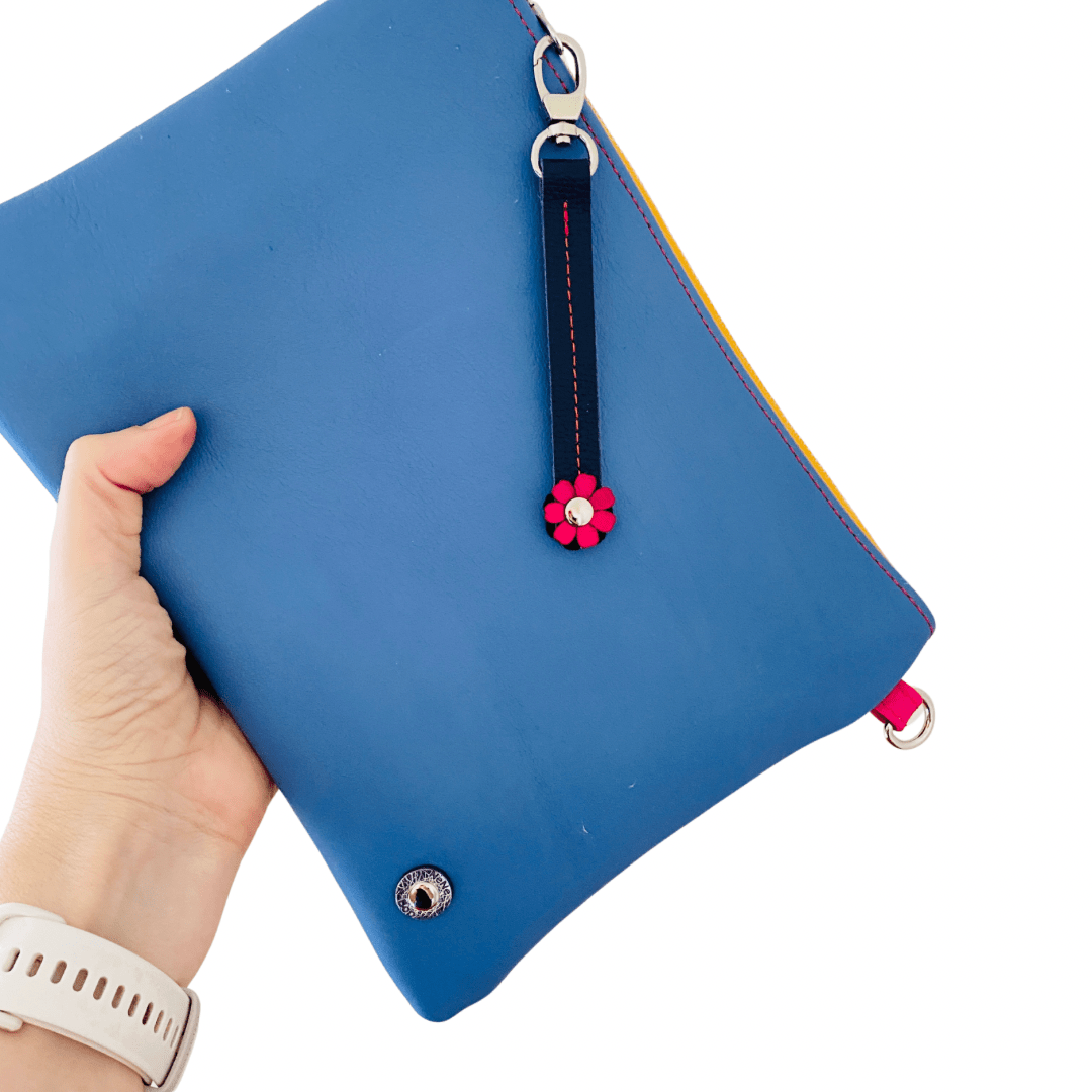 Block Colour with Fidget Flower Charm - Blue/Navy Leather Purse Plus+