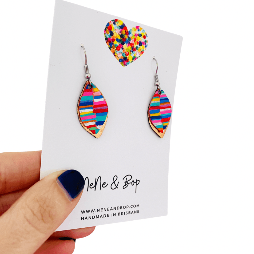 Leaf Rainbow Stripes Hand Painted Earrings - Various sizes