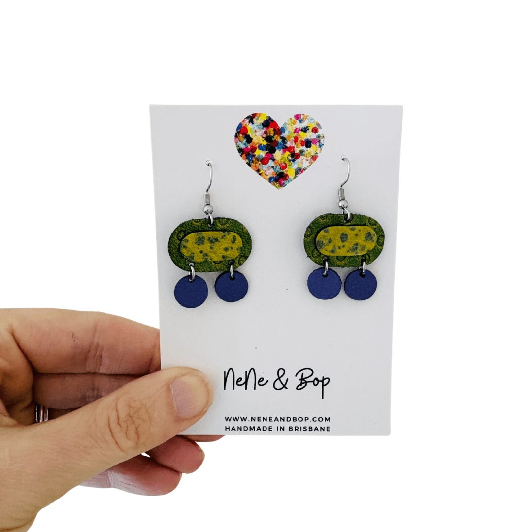 Retro Pebbles - Double Pips Green/Purple - Mini - Leather Earrings