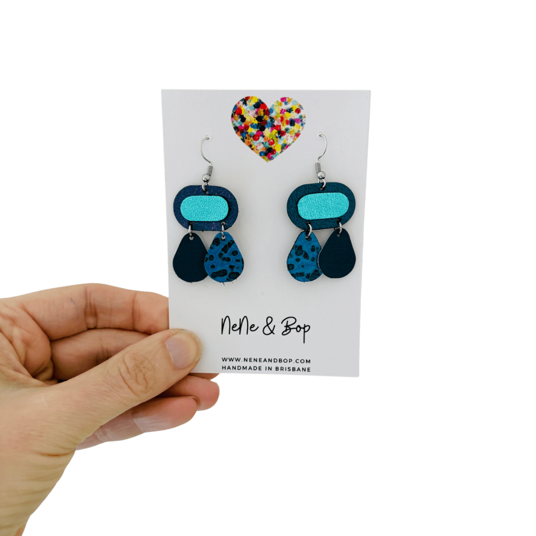 Retro Pebbles - Double Drops Blue - Mini - Leather Earrings