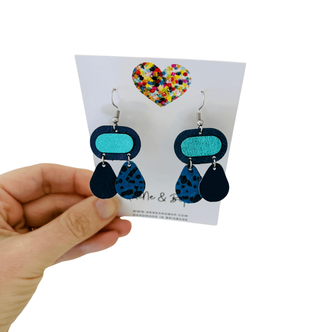 Retro Pebbles - Double Drops Blue - Mini - Leather Earrings