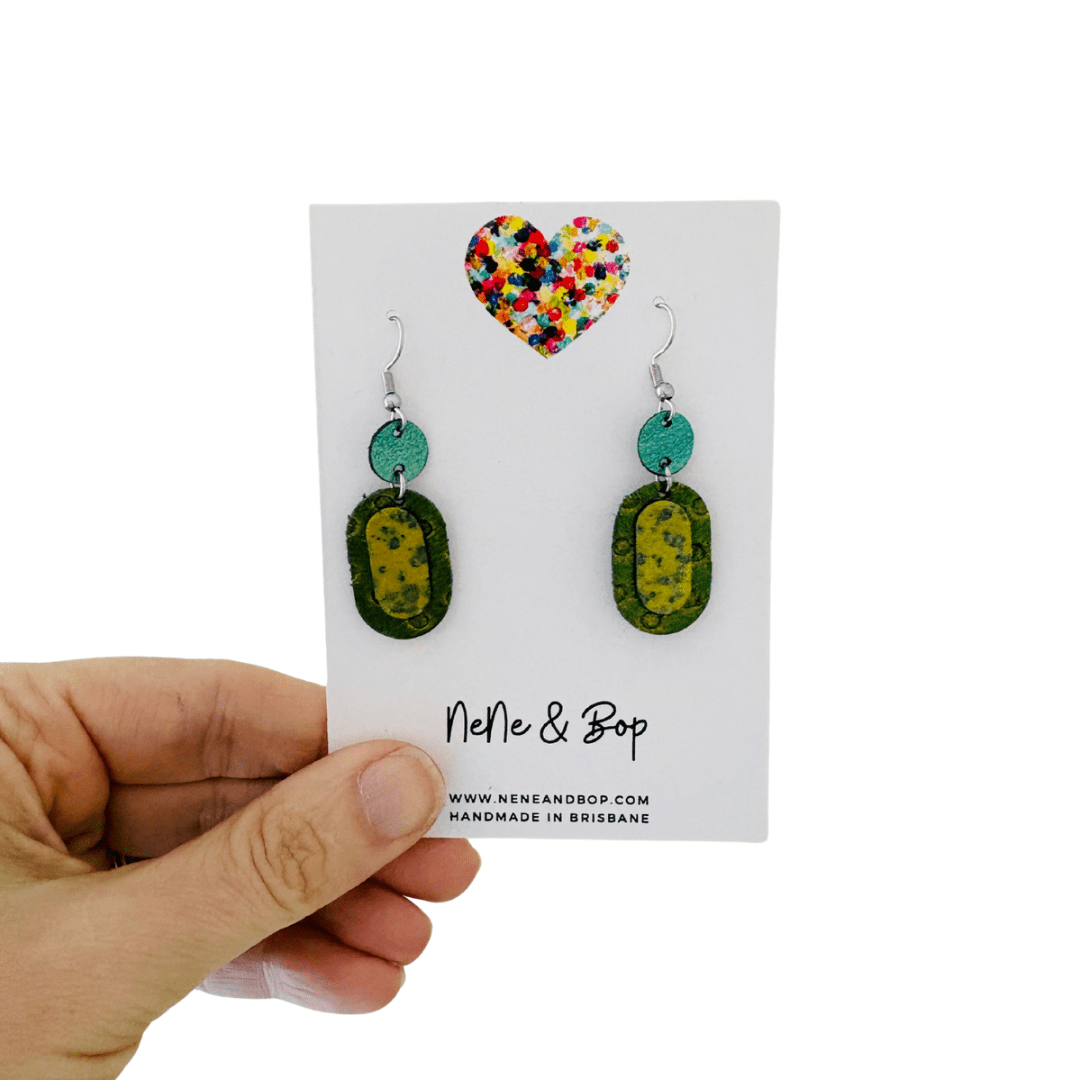 Retro Pebbles - Double Pips Green Textured - Mini - Leather Earrings