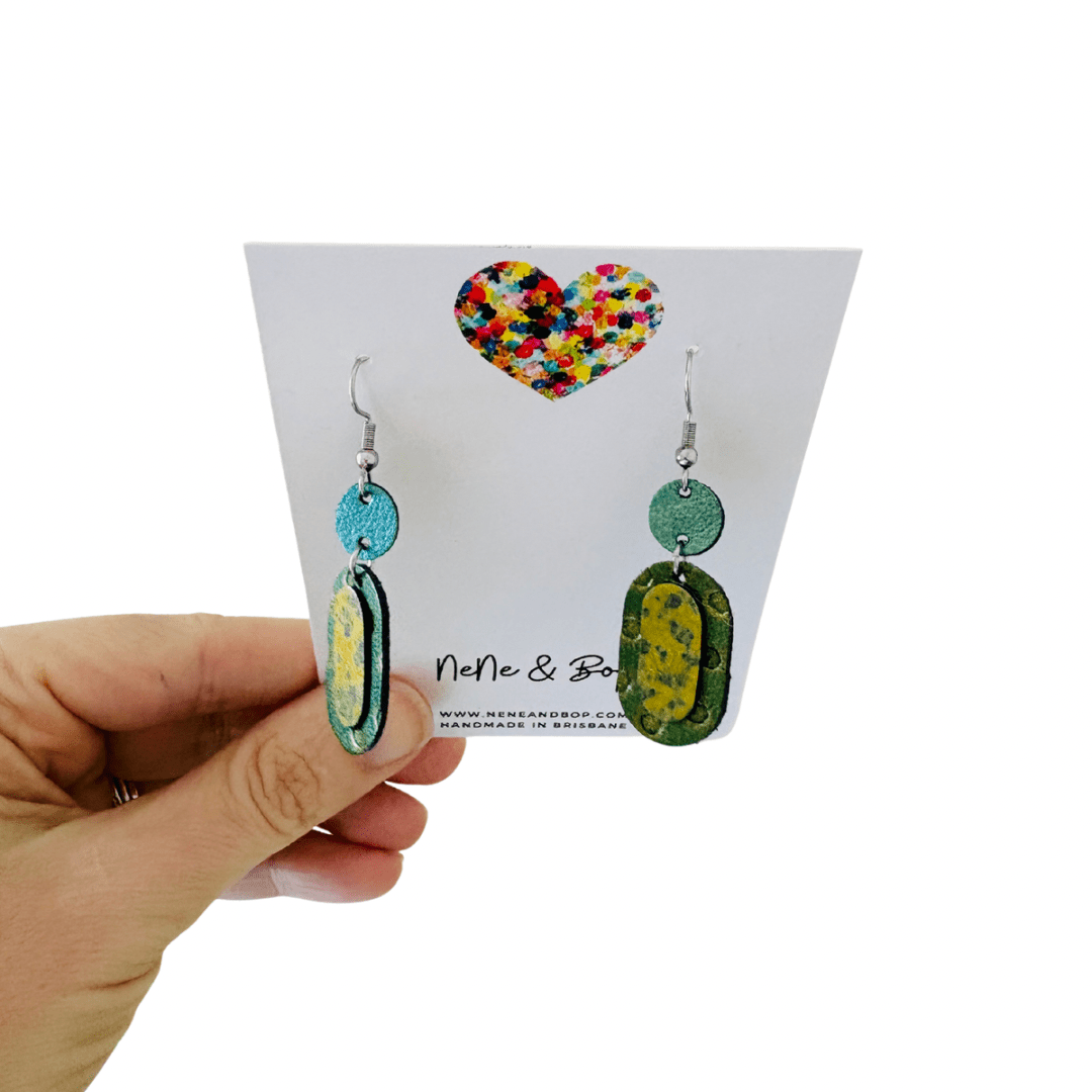 Retro Pebbles - Double Pips Green Textured - Mini - Leather Earrings