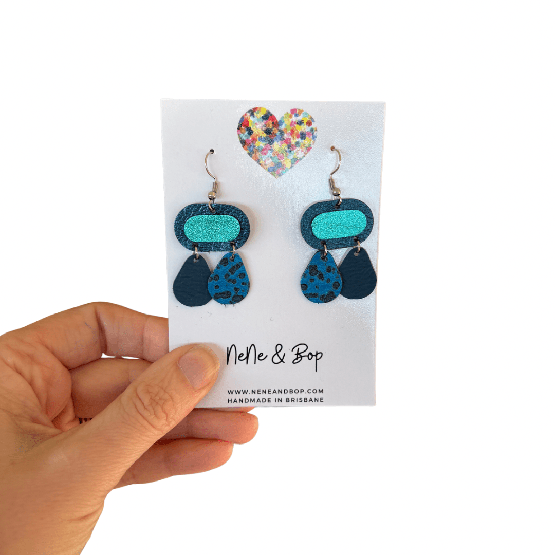 Retro Pebbles - Double Drops Blue - Mini - Leather Earrings