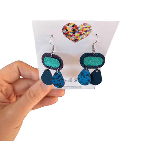 Retro Pebbles - Double Drops Blue - Mini - Leather Earrings