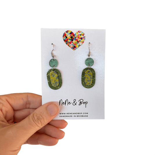 Retro Pebbles - Double Pips Green Textured - Mini - Leather Earrings