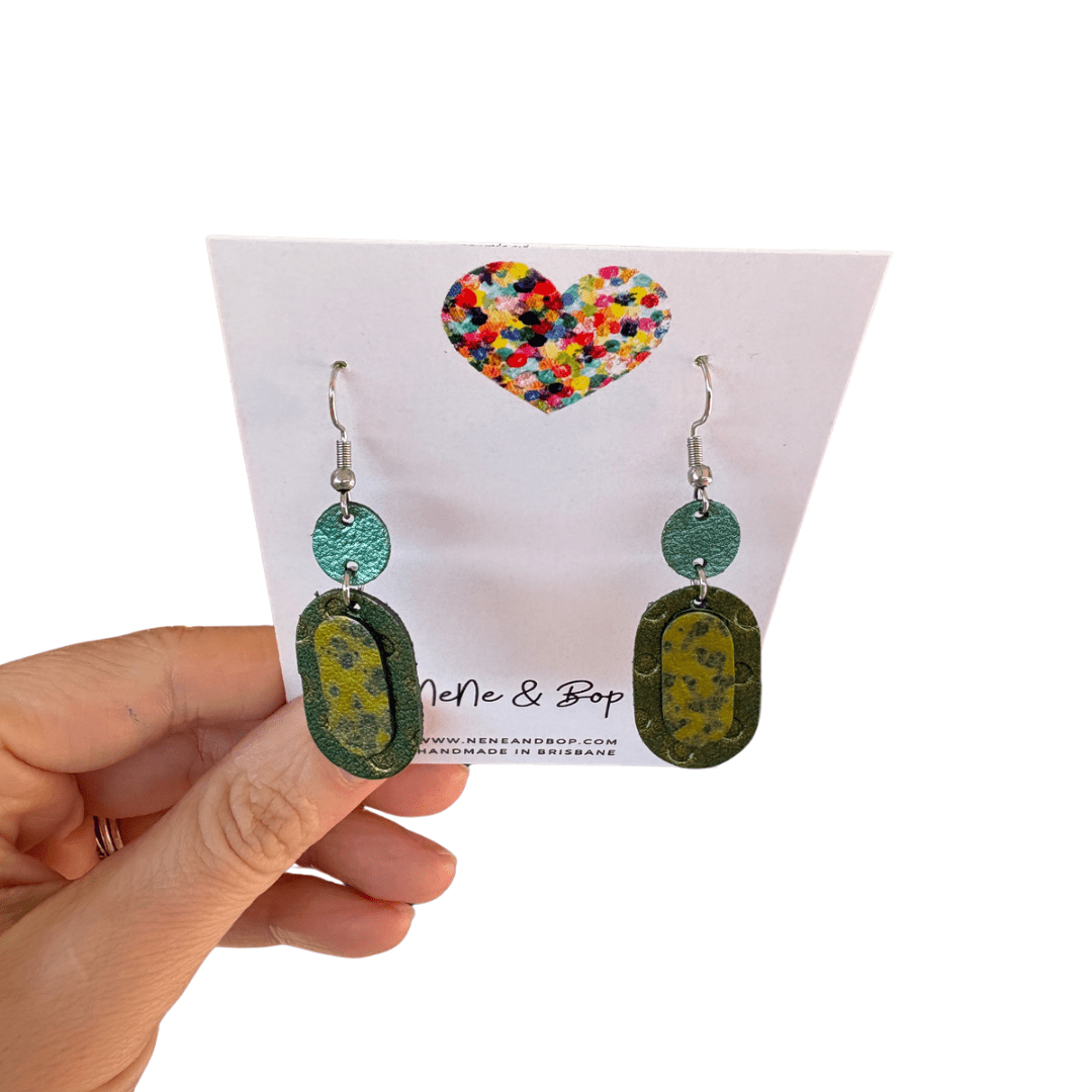 Retro Pebbles - Double Pips Green Textured - Mini - Leather Earrings