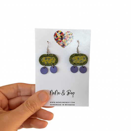Retro Pebbles - Double Pips Green/Purple - Mini - Leather Earrings