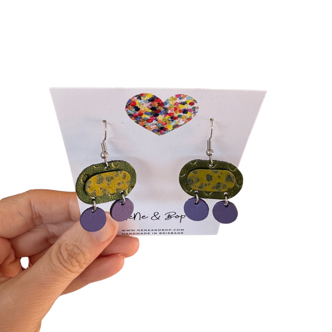 Retro Pebbles - Double Pips Green/Purple - Mini - Leather Earrings