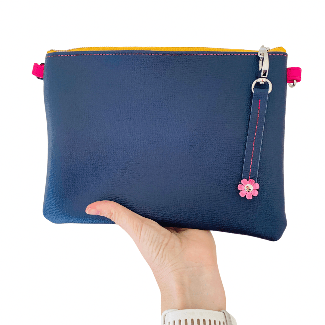 Block Colour with Fidget Flower Charm - Blue/Navy Leather Purse Plus+