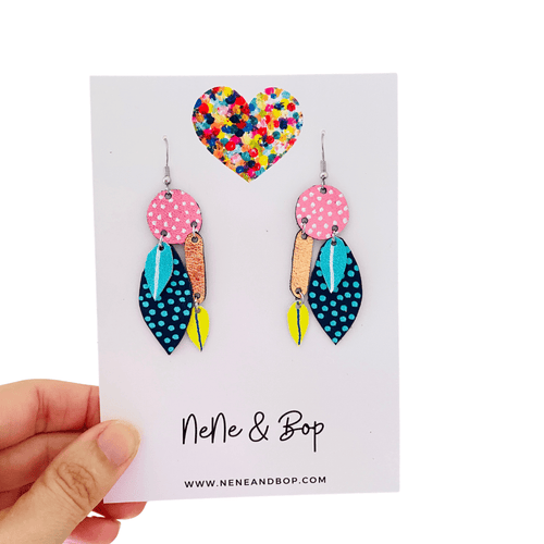 Bud and Leaves - Pink Spot Drops - Leather Earrings