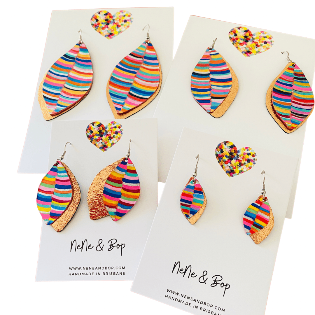 Leaf Rainbow Stripes Hand Painted Earrings - Various sizes