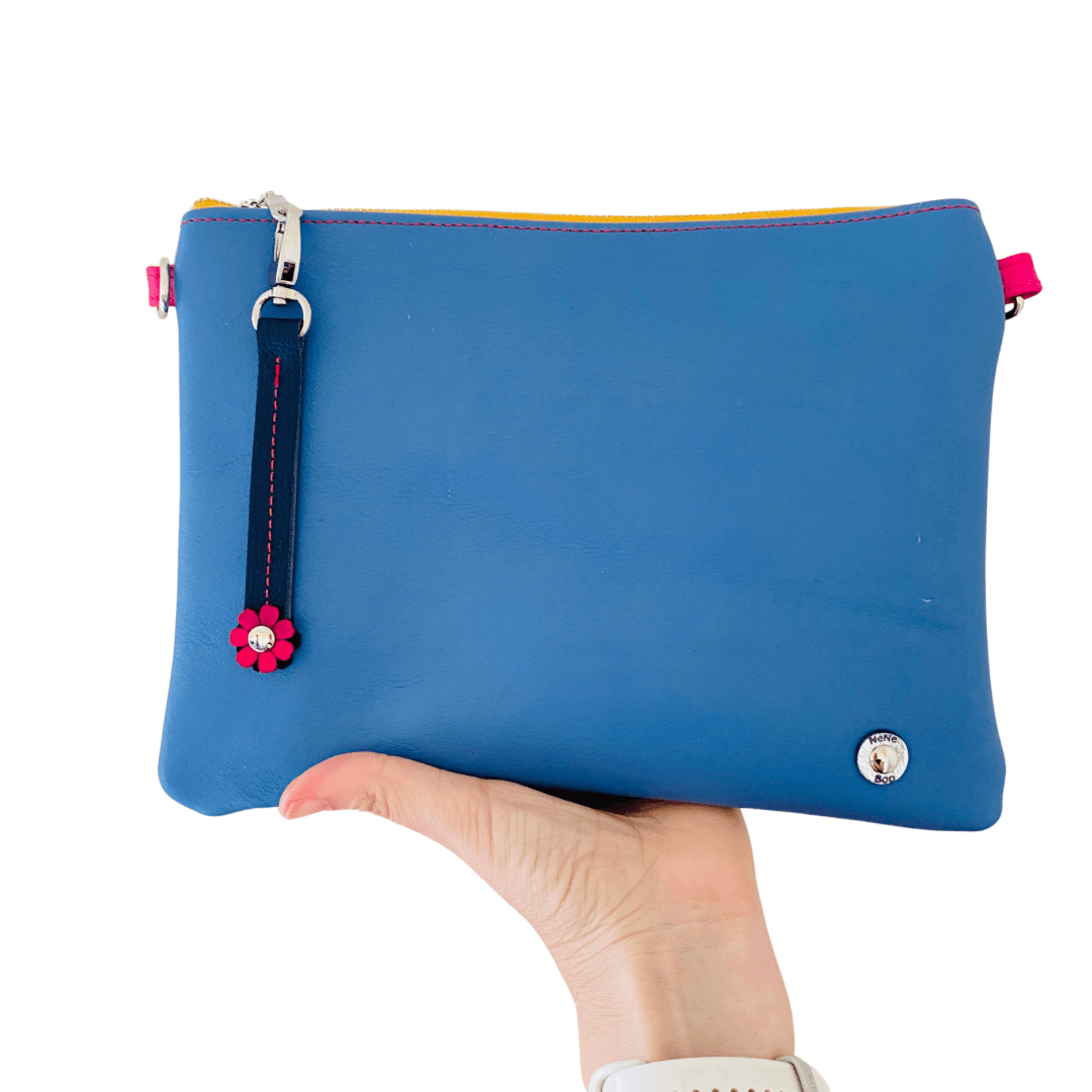 Block Colour with Fidget Flower Charm - Blue/Navy Leather Purse Plus+