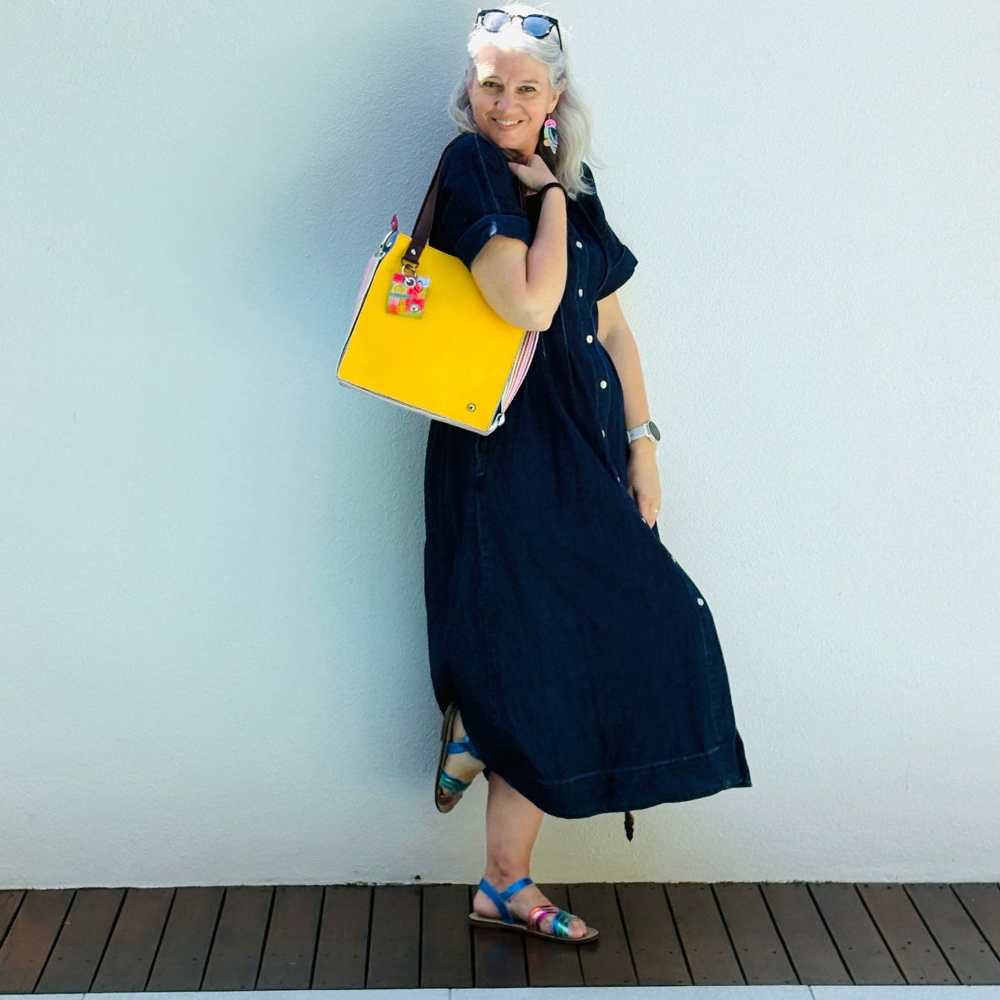 The Everyday Zipper Leather Tote - Yellow/Lilac
