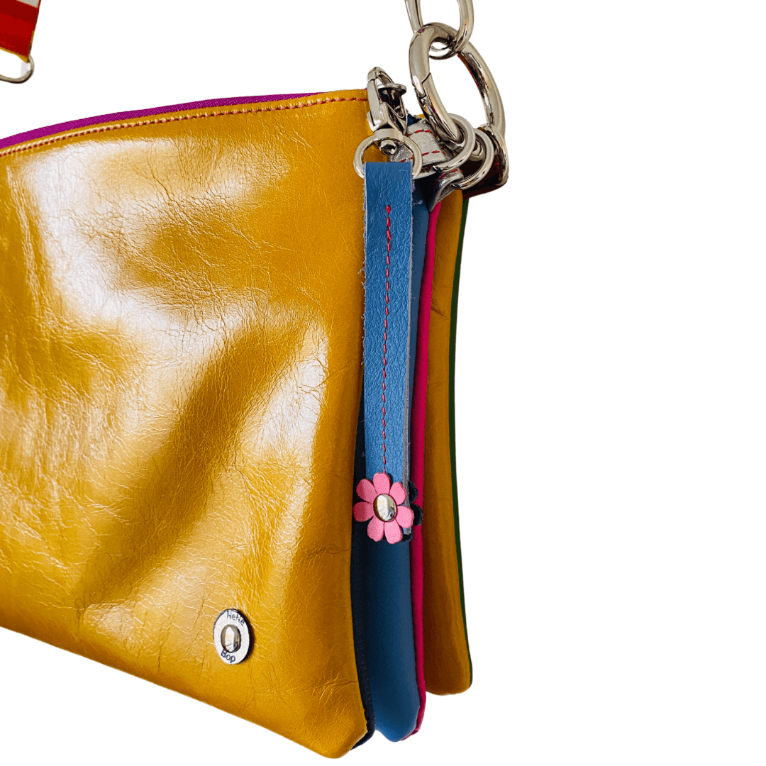 Block Colour with Fidget Flower Charm - Ochre/Navy Leather Purse Plus+