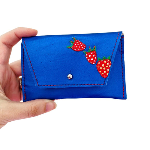 Leather Pocket Purse - Metallic Blue Strawberries