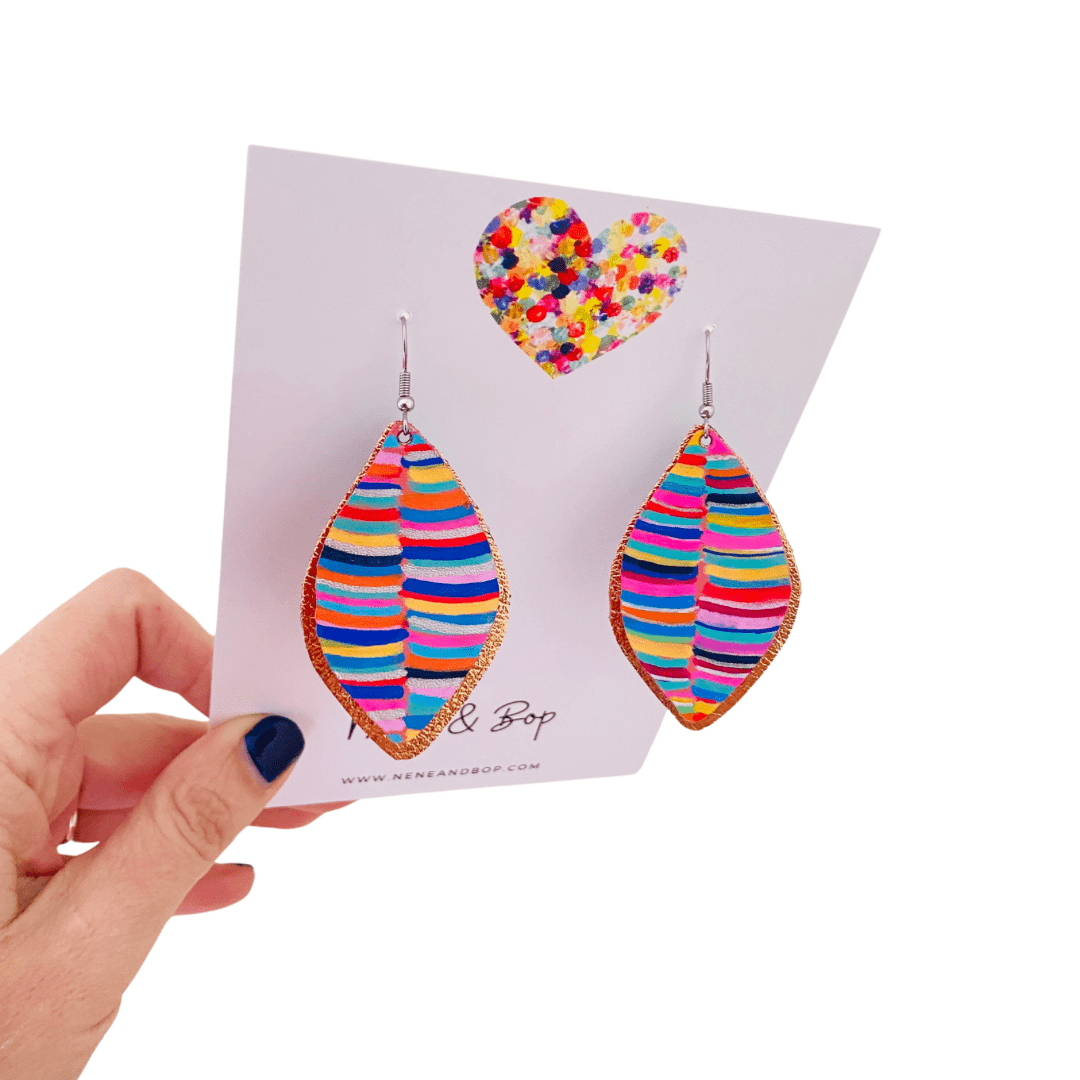 Leaf Rainbow Stripes Hand Painted Earrings - Various sizes