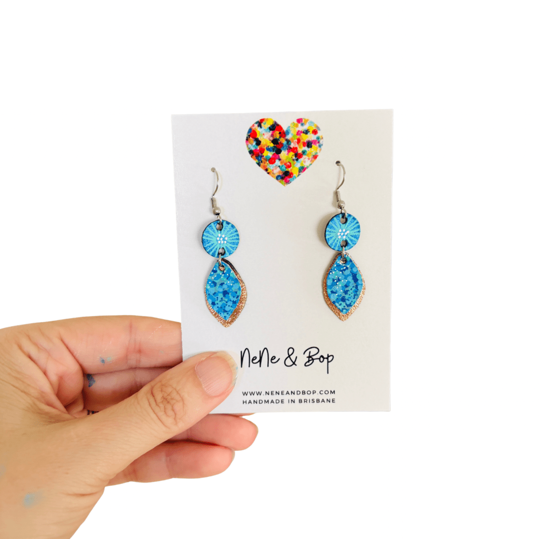 Opal Leaf Hand Painted Mini Drop Earrings - Blue