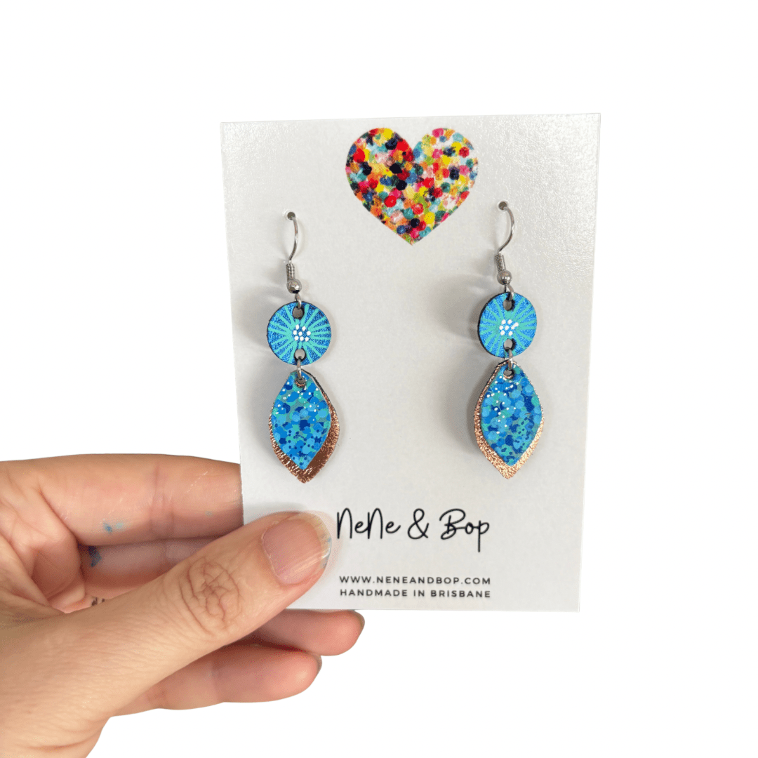 Opal Leaf Hand Painted Mini Drop Earrings - Blue