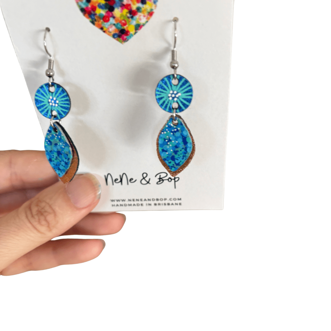 Opal Leaf Hand Painted Mini Drop Earrings - Blue