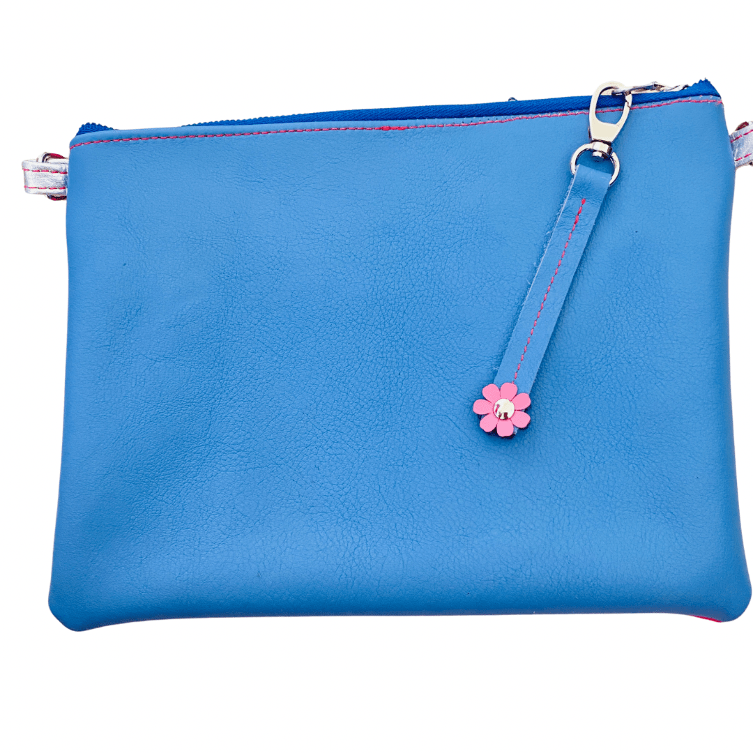 Block Colour with Fidget Flower Charm - Blue/Pink Leather Purse Plus+